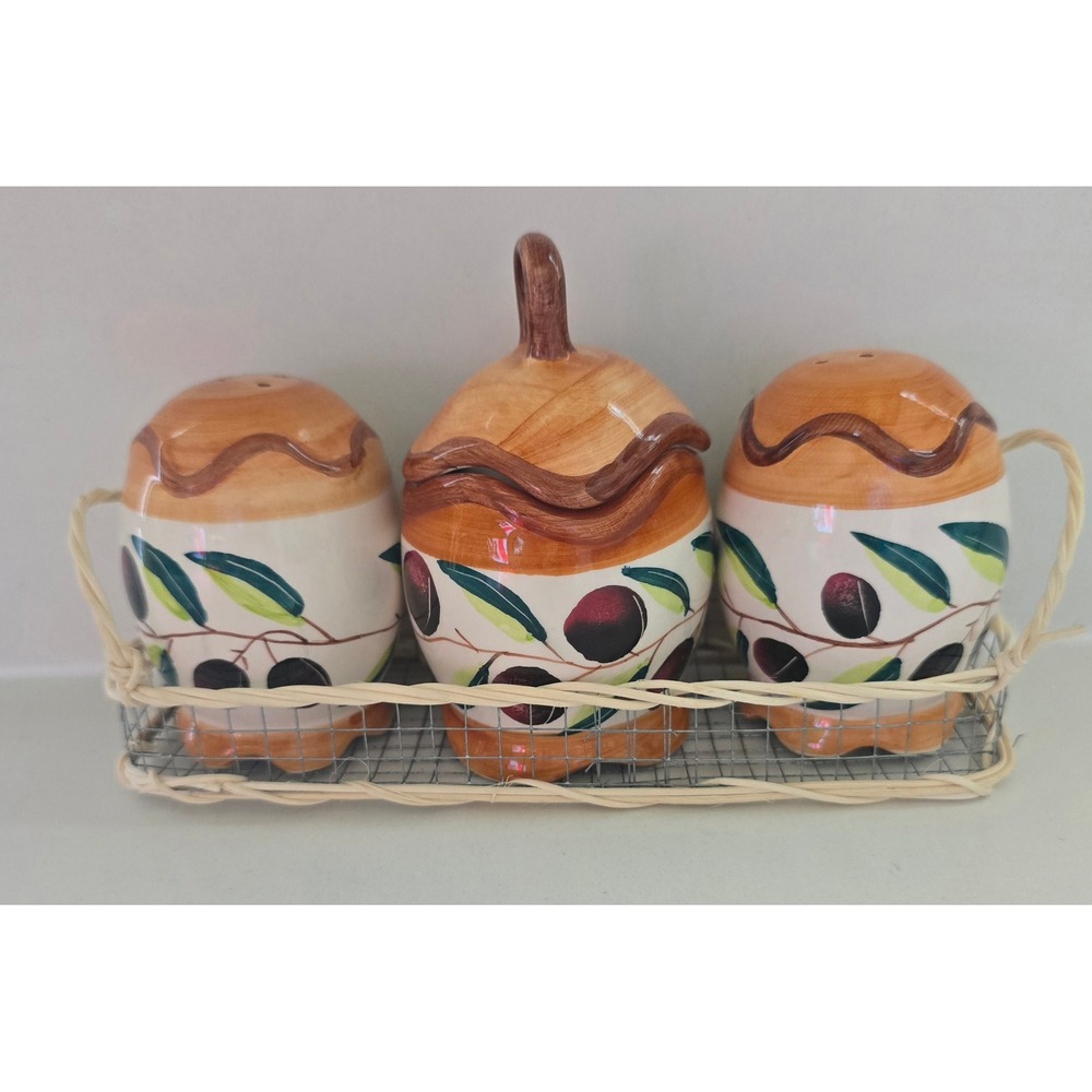 Ceramic Olive Branch Salt Pepper Shakers and Sugar Pot Set with Wicker Caddy